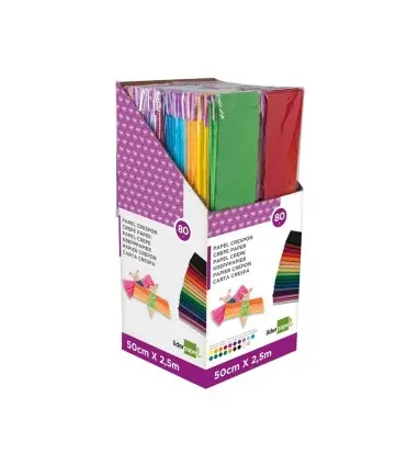 Papel crespon liderpapel 0.50 x 2.50 mt encelofanado expositor de 80 unidades colores surtidos.