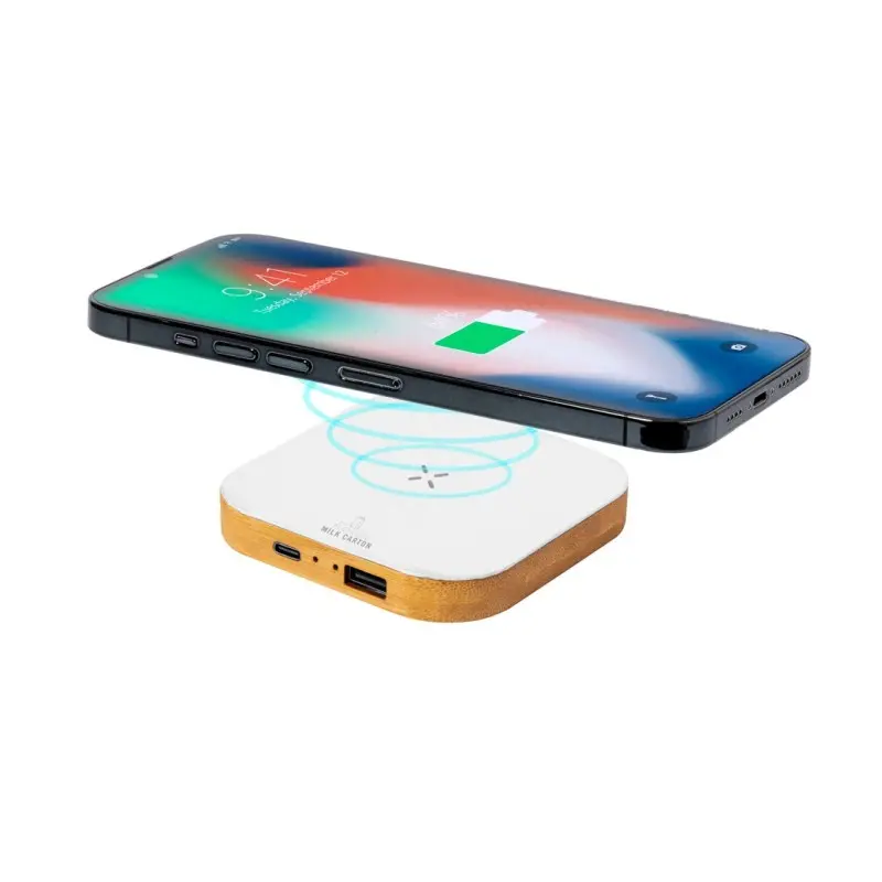 CARGADOR SUCREP Inalámbrico 15W con 1 Salida USB y 1 Salida Tipo C de Cartones de Leche Reciclados y Bambú