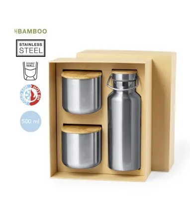SET DICKINSON de Bidon Térmico de 500 ml y 2 Vasos Térmicos de 300 ml de Acero Inoxidable y Bambú