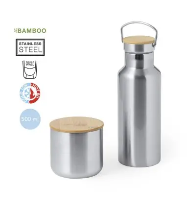 SET DEBRIS de Bidón Térmico de 500 ml y Vaso Térmico 300 ml de Acero Inoxidable y Bambú