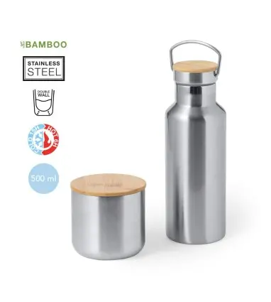 SET DEBRIS de Bidón Térmico de 500 ml y Vaso Térmico 300 ml de Acero Inoxidable y Bambú