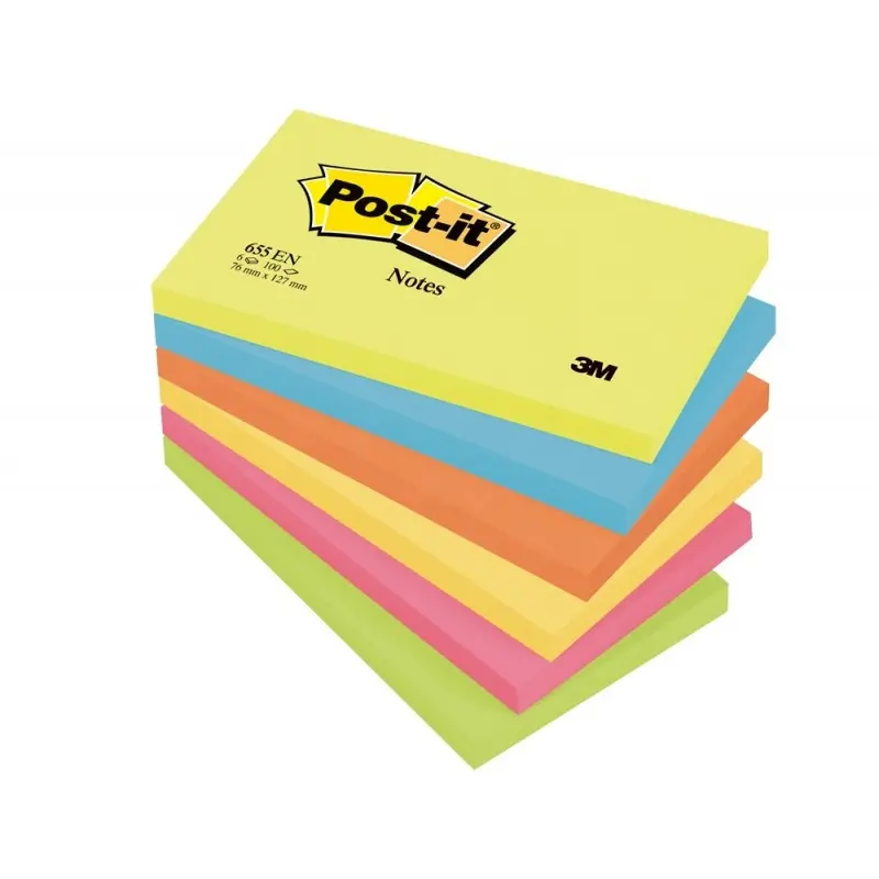 Bloc de notas adhesivas quita y pon post-it 76x127 mm neon pack de 6 blocs surtido