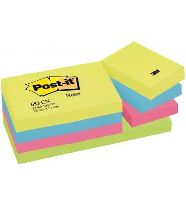 Bloc de notas adhesivas quita y pon post-it 38x51 mm neon pack de 12 blocs surtido