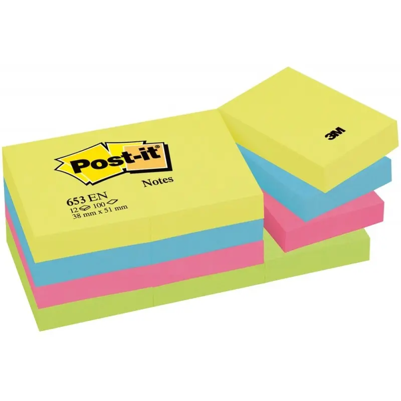 Bloc de notas adhesivas quita y pon post-it 38x51 mm neon pack de 12 blocs surtido