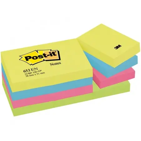 Bloc de notas adhesivas quita y pon post-it 38x51 mm neon pack de 12 blocs surtido
