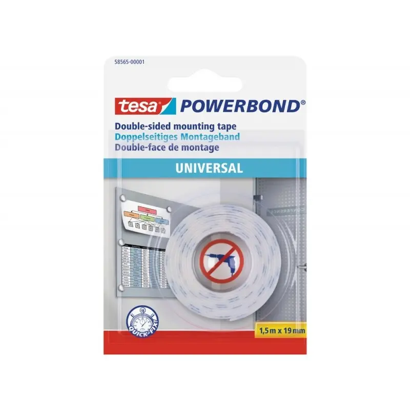 Cinta adhesiva tesa doble cara powerbond universal uso interior 1,5 m x 19 mm