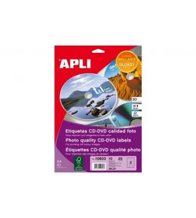 Etiqueta adhesiva apli 10603 tamaño cd-rom 117 mm para fotocopiadora laser ink-jet caja con 10 hojas/20 etiquetas
