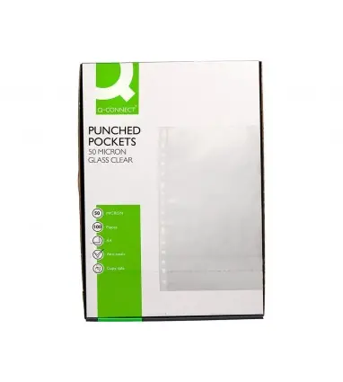 Funda multitaladro q-connect din a4 50 mc cristal caja de 100 unidades