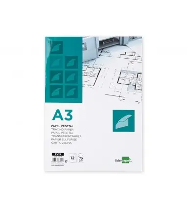Papel dibujo liderpapel a3 297x420mm 70g/m2 vegetal sobre de 12 hojas.