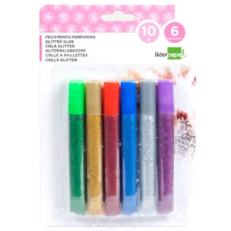 Purpurina pegamento liderpapel fantasia colores metalicos blister de 6 unidades de 10 gr
