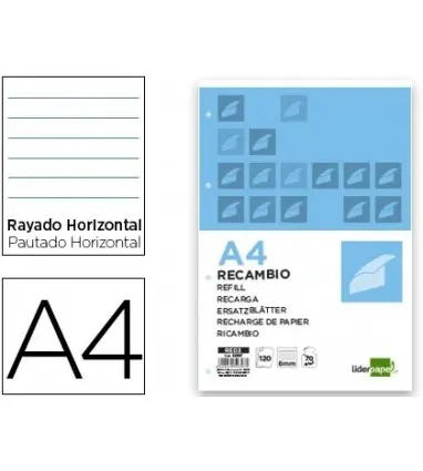 Recambio liderpapel a4 120 hojas 70g/m2 horizontal sin margen 4 taladros bandas de 5 colores