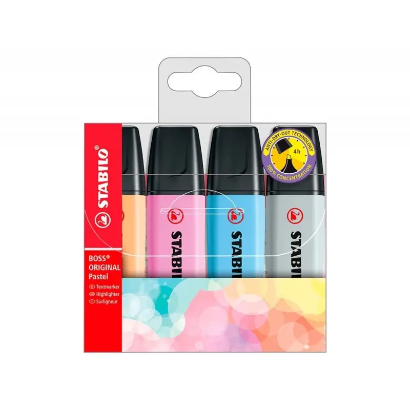 Rotulador stabilo boss fluorescente 70 pastel estuche de 4 unidades colores surtidos