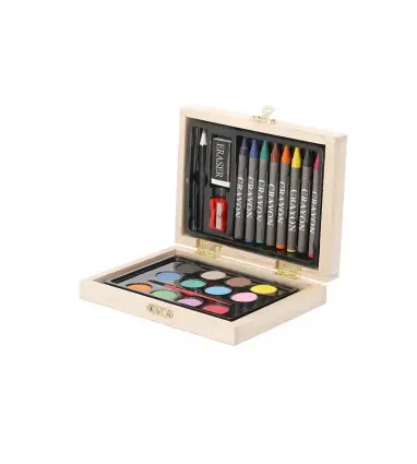 Estuche de madera Lidner de 24 piezas con lapiz, goma, sacapuntas, ceras, pincel y acuarelas