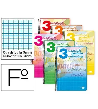 CUADERNO ESPIRAL LIDERPAPEL FOLIO PAUTAGUIA TAPA BLANDA 80H 80 GR CUADRO PAUTADO 3MM CON MARGEN COLORES SURTIDOS