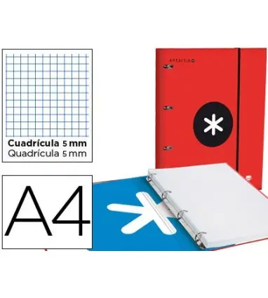 CARPETA CON RECAMBIO Y SOLAPA LIDERPAPEL ANTARTIK A4 CUADRO 5 MM FORRADA 4 ANILLAS REDONDAS 40MM COLOR ROJO