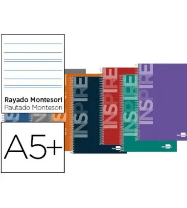 CUADERNO ESPIRAL LIDERPAPEL CUARTO INSPIRE TAPA DURA 80H 660 GR RAYADO MONTESSORI 3,5 MMCON MARGEN COLORES SURTIDOS