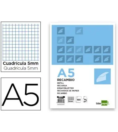 RECAMBIO LIDERPAPEL A5 120 HOJAS 80G/M2 CUADRO 5MM SIN MARGEN 6 TALADROS BANDAS DE 5 COLORES