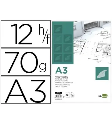 PAPEL DIBUJO LIDERPAPEL A3 297X420MM 70G/M2 VEGETAL SOBRE DE 12 HOJAS