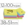 BLOC DE NOTAS ADHESIVAS QUITA Y PON POST-IT 38X51 MM NEON PACK DE 12 BLOCS SURTIDO