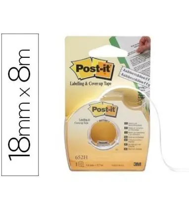 Cinta adhesiva post-it para ocultar y etiquetar 2 lineas 18 mt x 8 mm en portarrollo