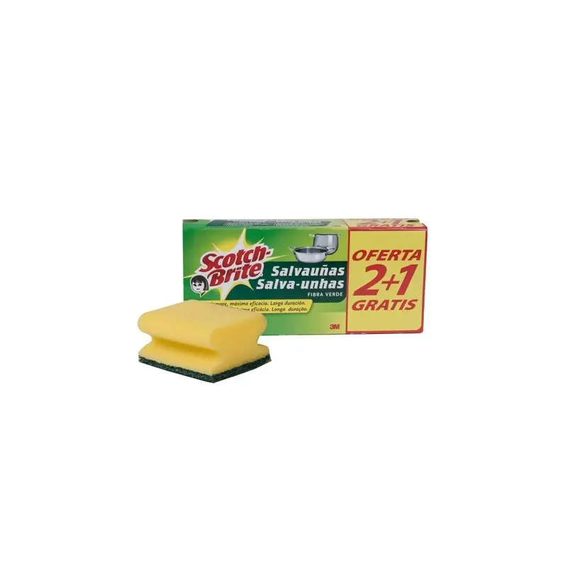 Estropajo salvauñas scotch brite fibra verde paquete 2+1 gratis