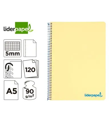 Cuaderno espiral liderpapel a5 micro wonder tapa plastico 120h 90g cuadro 5mm 5 bandas 6 taladros color amarillo