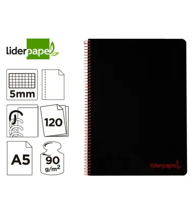 Cuaderno espiral liderpapel a5 micro wonder tapa plastico 120h 90g cuadro 5mm 5 bandas 6 taladros color negro