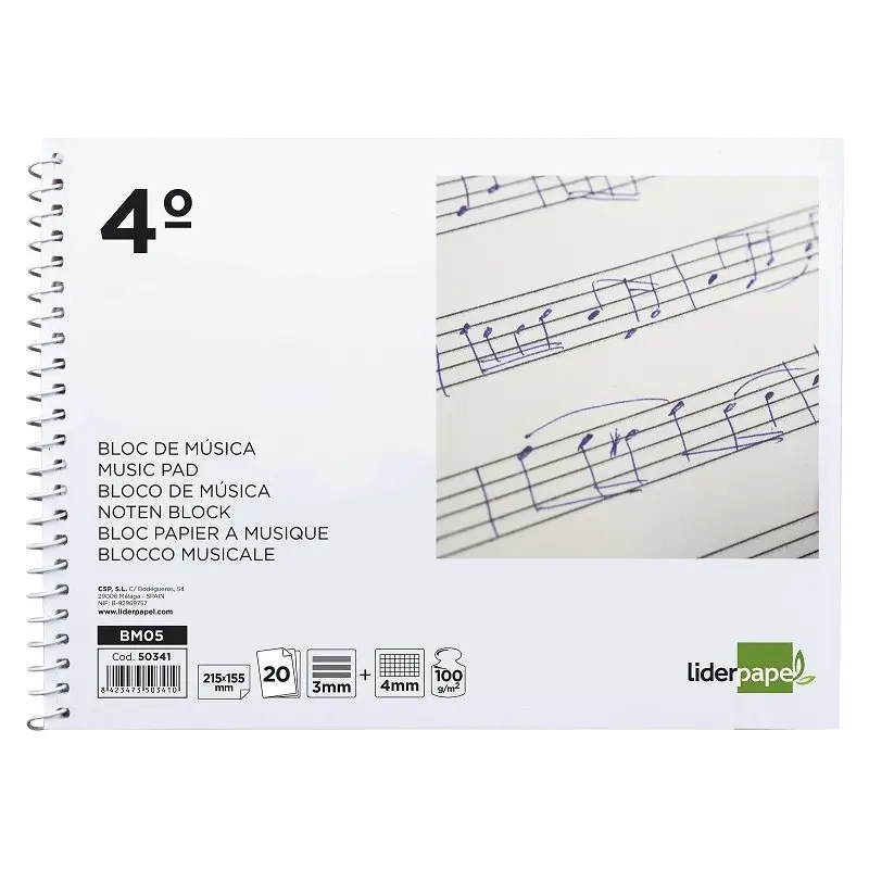 Bloc musica liderpapel combi pentagrama 3mm mas cuadricula de 4mm para anotaciones cuarto20 hojas 100g/m2