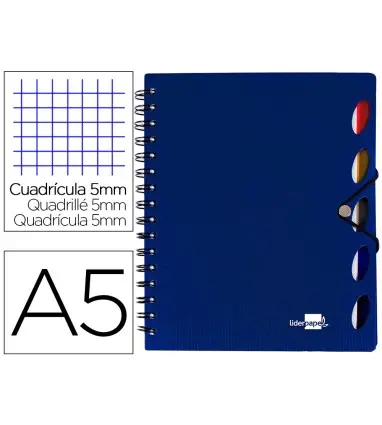 Cuaderno espiral liderpapel a5 micro executive tapa plastico 100h 80 gr cuadro 5mm 5 se paradores con gomilla azul.