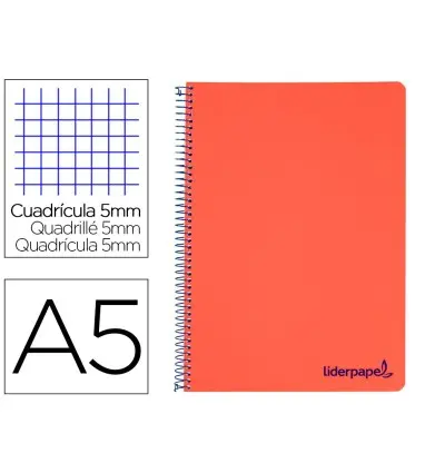 Cuaderno espiral liderpapel a5 micro wonder tapa plastico 120h 90g cuadro 5mm 5 bandas 6 taladros color rojo