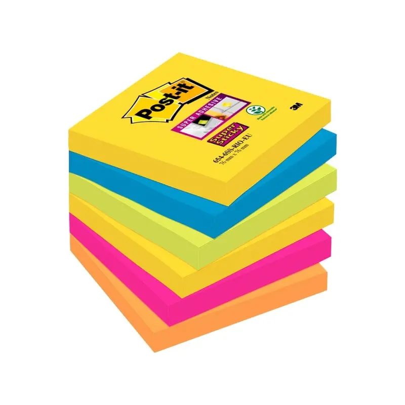Bloc de notas adhesivas quita y pon post-it super sticky 76x76 mm con 90 hojas pack de 6 bloc colores surtidos