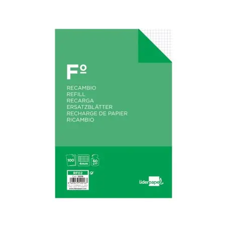 Recambio liderpapel folio 100 hojas 60g/m2cuadro 4mm con margen sin taladros