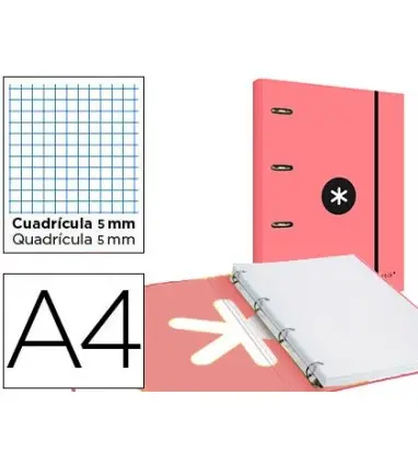 Carpeta con recambio y solapa liderpapel antartik a4 cuadro 5mm forrada 4 anillas redondas 40mm color coral
