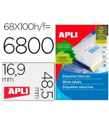 Etiquetas adhesivas apli 01282 tamaño 48,5x16,9 mm para fotocopiadora laser ink-jet caja de 100h dina4 6800 etiquetas