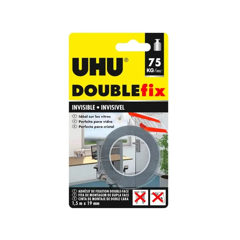Cinta adhesiva uhu doublefix invisible doble cara extra fuerte 1,5 mt x 19 mm