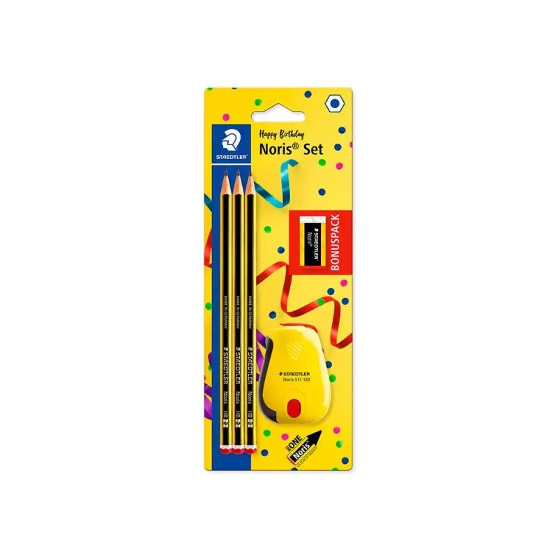 Lapices de grafito staedtler noris n.2 hb blister promocional 120 anivers de 3 uds + afilalapiz con deposito