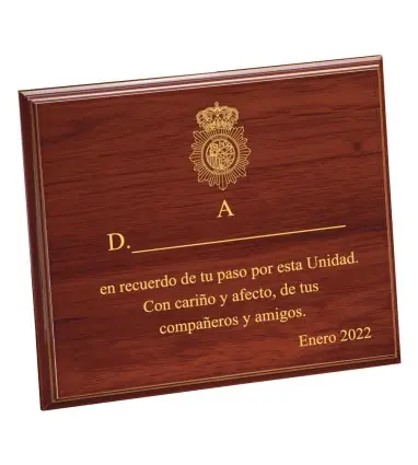 Placa Conmemorativa madera (290 X 230mm) Personalizada a laser Policia Nacional