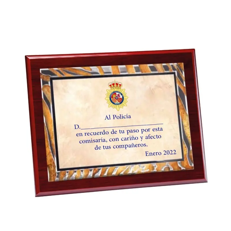 Placa madera con chapa Color sublimable (245x195mm) Totalmente Personalizable Policia Nacional