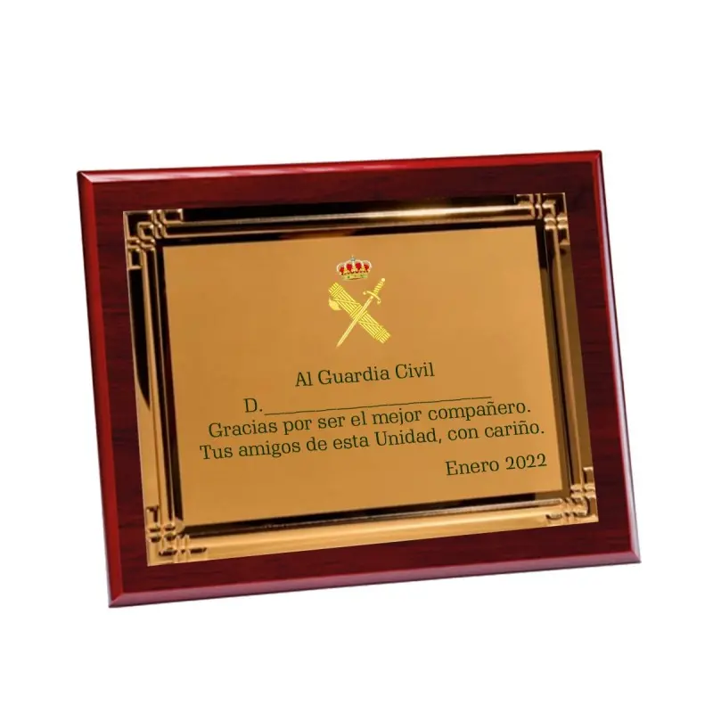 Placa madera con chapa Dorada en Color sublimable (245x195mm) Totalmente Personalizable Guardia Civil