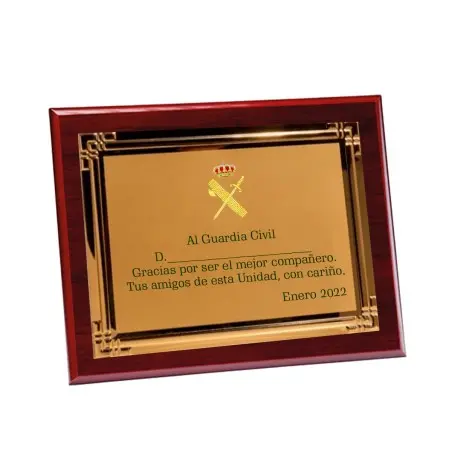 Placa madera con chapa Dorada en Color sublimable (245x195mm) Totalmente Personalizable Guardia Civil