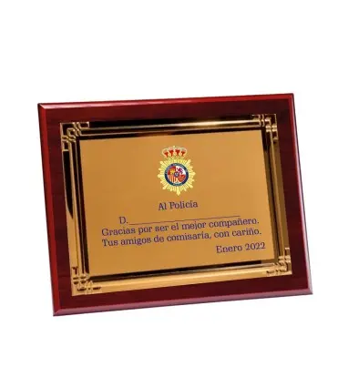 Placa madera con chapa Dorada sublimable en Color (245x195mm) Totalmente Personalizable Policía Nacional