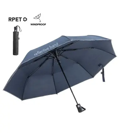 PARAGUAS plegable NEREUS de RPET con banda reflectante y sistema antiviento