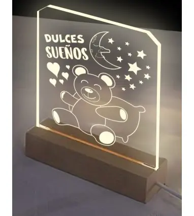 Lampara Base de madera con Luz LED y metacrilato Transparente Dulces Sueños