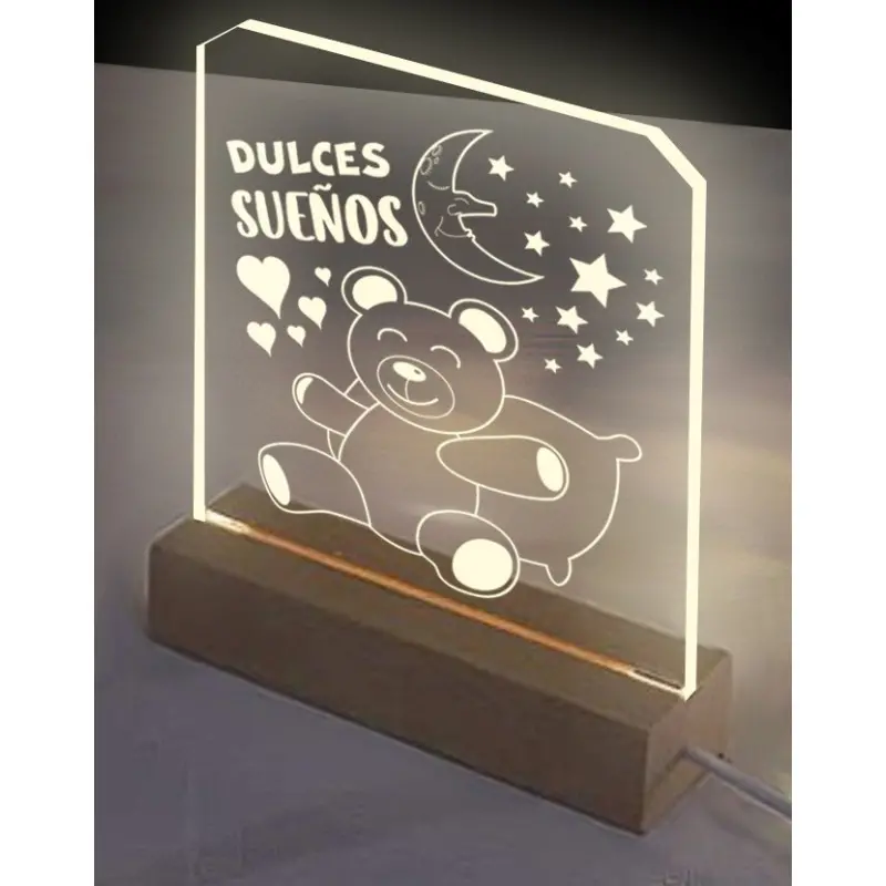 Lampara Base de madera con Luz LED y metacrilato Transparente Dulces Sueños