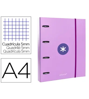 Carpeta con recambio y solapa liderpapel antartik a4 cuadro 5mm forrada 4 anillas redondas 40mm color lavanda