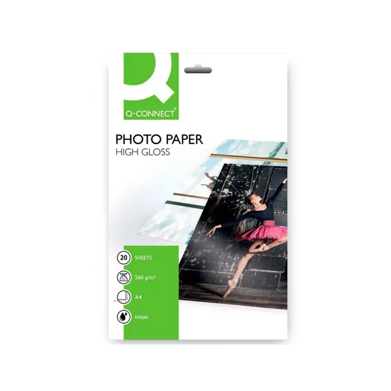 Papel q-connect foto glossy kf02163 din a4 alta calidad digital photo -para ink-jet bolsa de 20 hojas de 260 gr