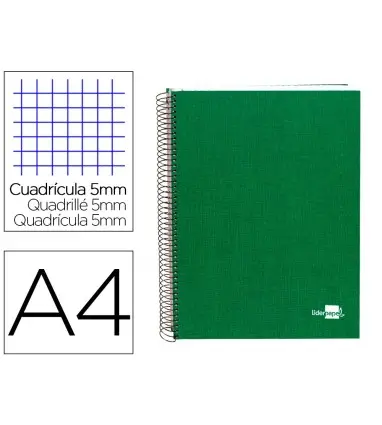 Cuaderno espiral liderpapel a4 micro papercoat tapa forrada 140h 75 gr cuadro5mm 5 bandas 4 taladros verde