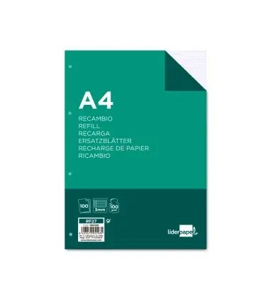 Recambio liderpapel a4 100 hojas 100g/m2 cuadro 3mm con margen 4 taladros