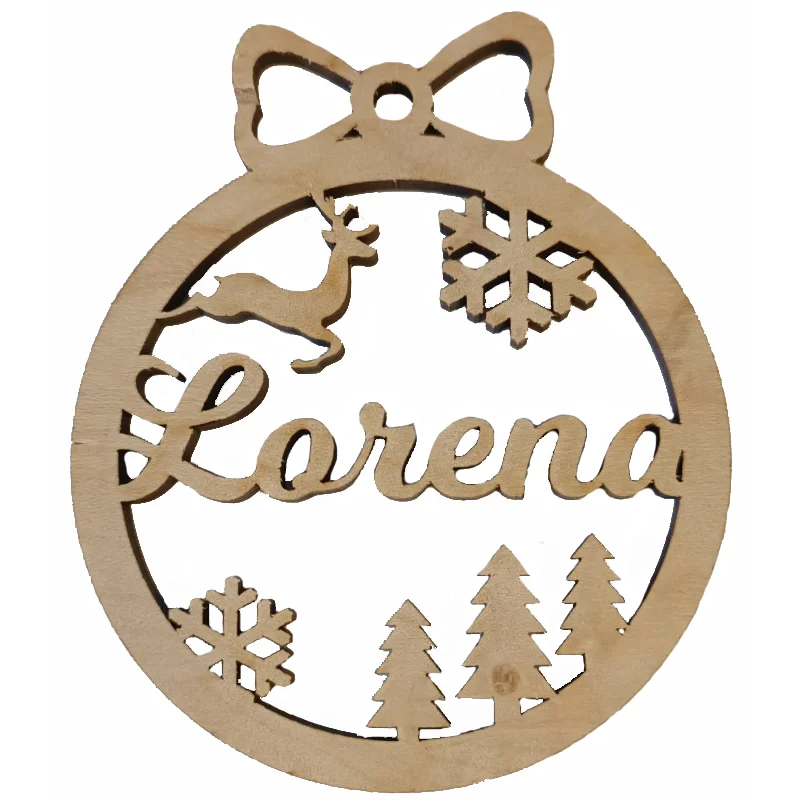 Bola de navidad de madera artesanal con dibujo y nombre personalizado