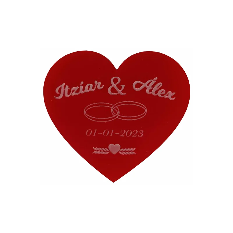 Imán de metacrilato artesanal con dibujo y nombre personalizado para empresas, bodas o eventos con forma de Corazón